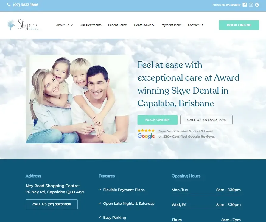Screenshot of the Skye Dental website homepage